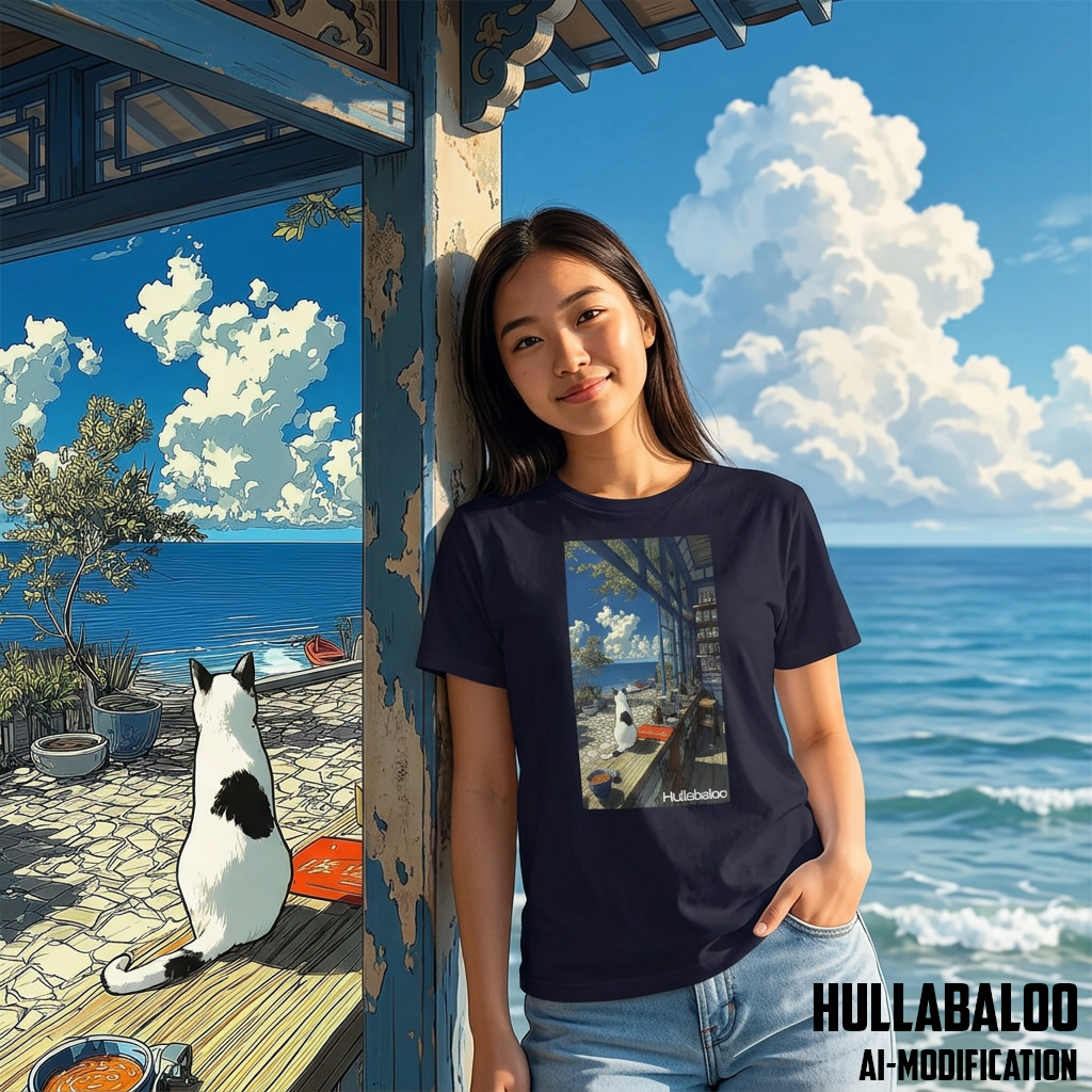Hullabaloo Women's T-Shirt with White Cat by the Sea | Women's Relaxed T-Shirt